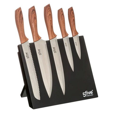 Set cutite si suport magnetic 6 piese, 5five, 23.2 x 18 x 32 cm, inox/lemn 5five