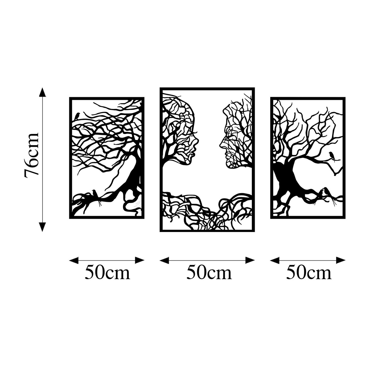 Decoratiune de perete, Tree Love, Metal, 50 x 76 cm, 3 piese, Negru