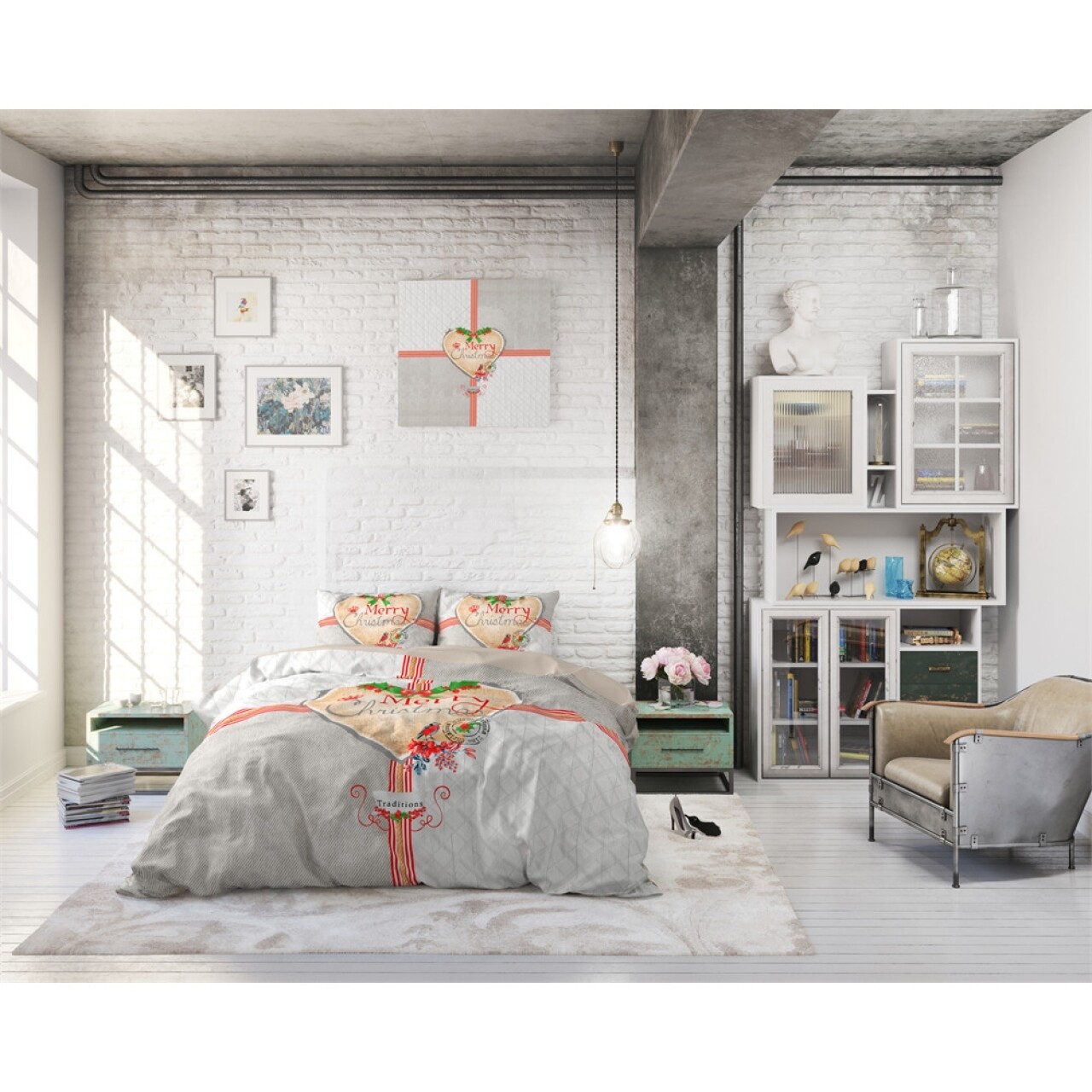 Lenjerie De Pat Dubla Merry Christmas Grey, Dreamhouse, 3 Piese, 200x220 Cm, 100% Bumbac, Multicolora