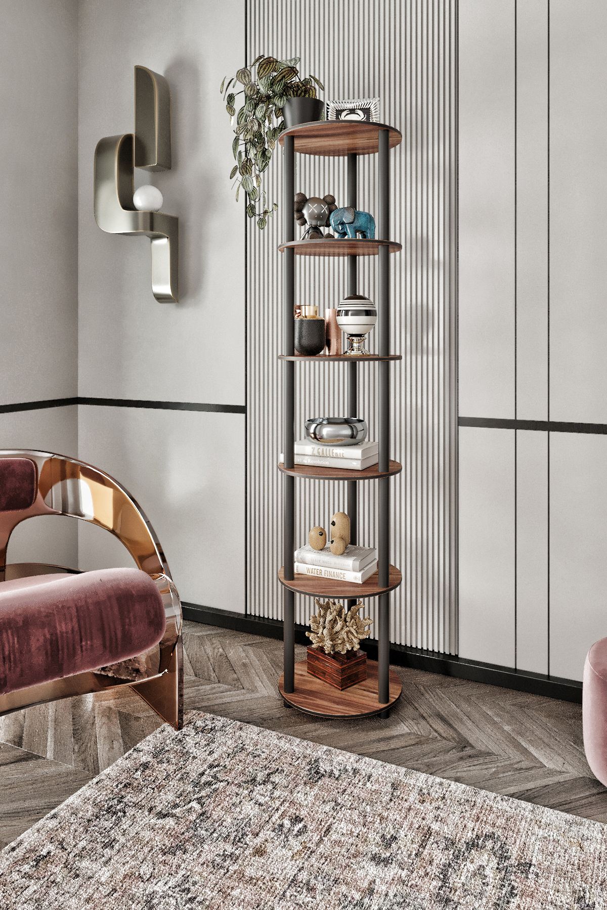 Corp biblioteca, Hanah Home, Bookcase 6 Layer Round, 34x175x34 cm, MDF , Maro