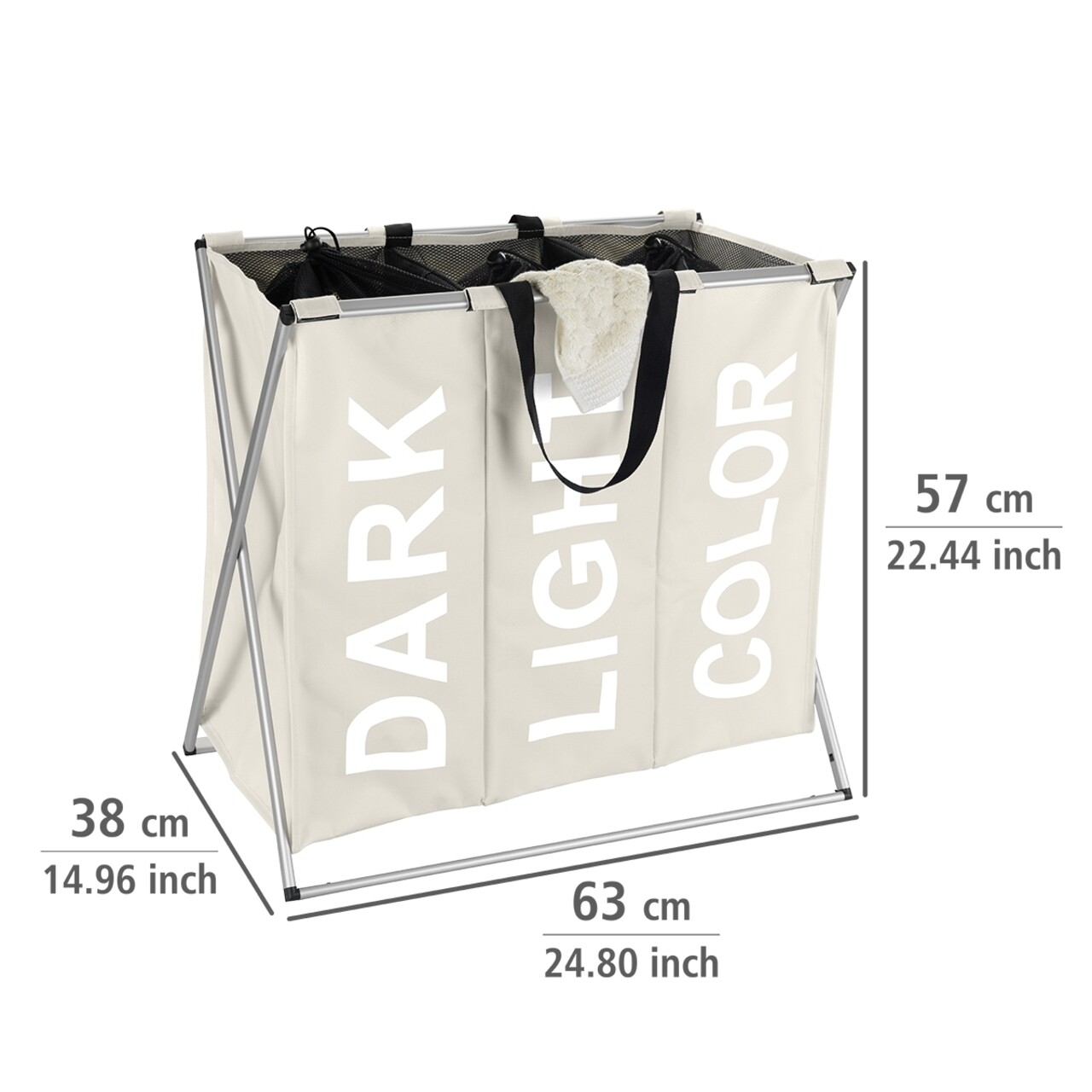 Cos de rufe cu 3 compartimente, Wenko, Trio, 129 L, 63 x 57 x 38 cm, poliester/aluminiu, bej - 1 | YEO