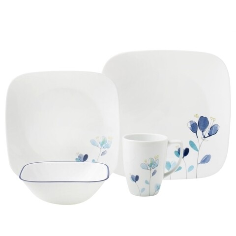 Serviciu de masa 16 piese, Corelle, Dalena, sticla Vitrelle/portelan, alb/albastru
