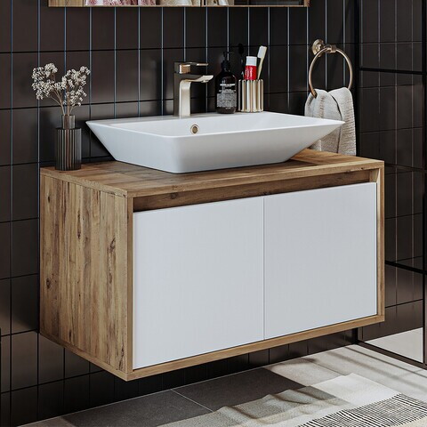 Dulap de baie cu chiuvetă, Hanah Home, 1751, 85x58x45 cm, MDF-LAM, Pin Atlantic / Alb Mat