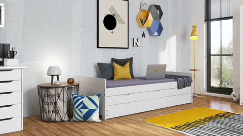 Pat multifunctional pentru o persoana, 90x200 cm, Desert Rain, Inter Link, lemn, alb