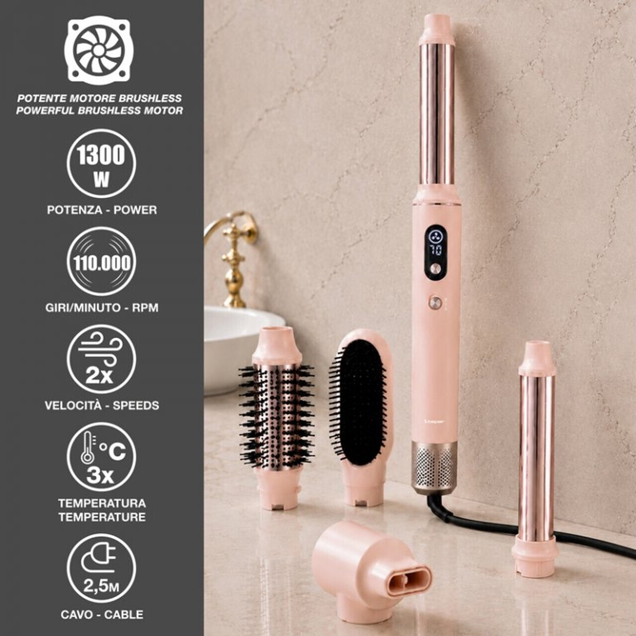 Aparat de coafat multistyler, 5 in 1 Beper, 1300W, 23x4 cm, 2 viteze, 3 trepte de temperatura, roz — imaginea 6