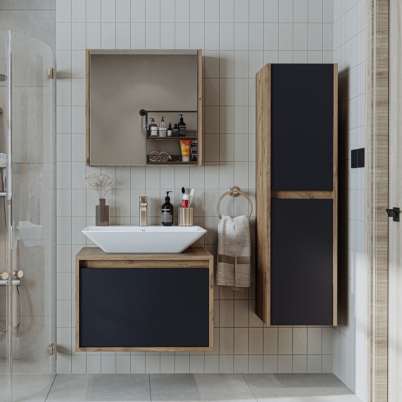 Set Dulap de Baie cu Chiuvetă și Oglindă (3 Piese), Hanah Home, 1702, MDF-LAM, Pin Atlantic / Antracit — imaginea 2