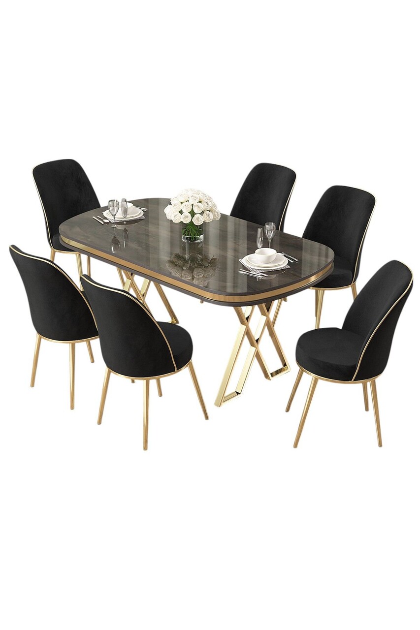 Set masă și scaune (7 piese), Hanah Home, Lai, Antracit / Aur / Negru - imagine 2