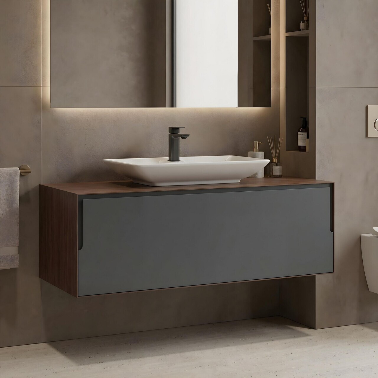 Dulap de baie cu chiuvetă, Hanah Home, Craft 120, Nuc / Antracit — imaginea 2