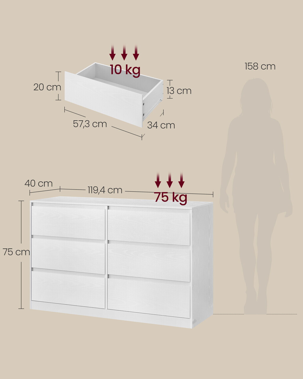 Comoda cu 6 sertare Kailyn, Songmics, 119.4x40x75 cm, PAL/MDF, alb - imagine 4