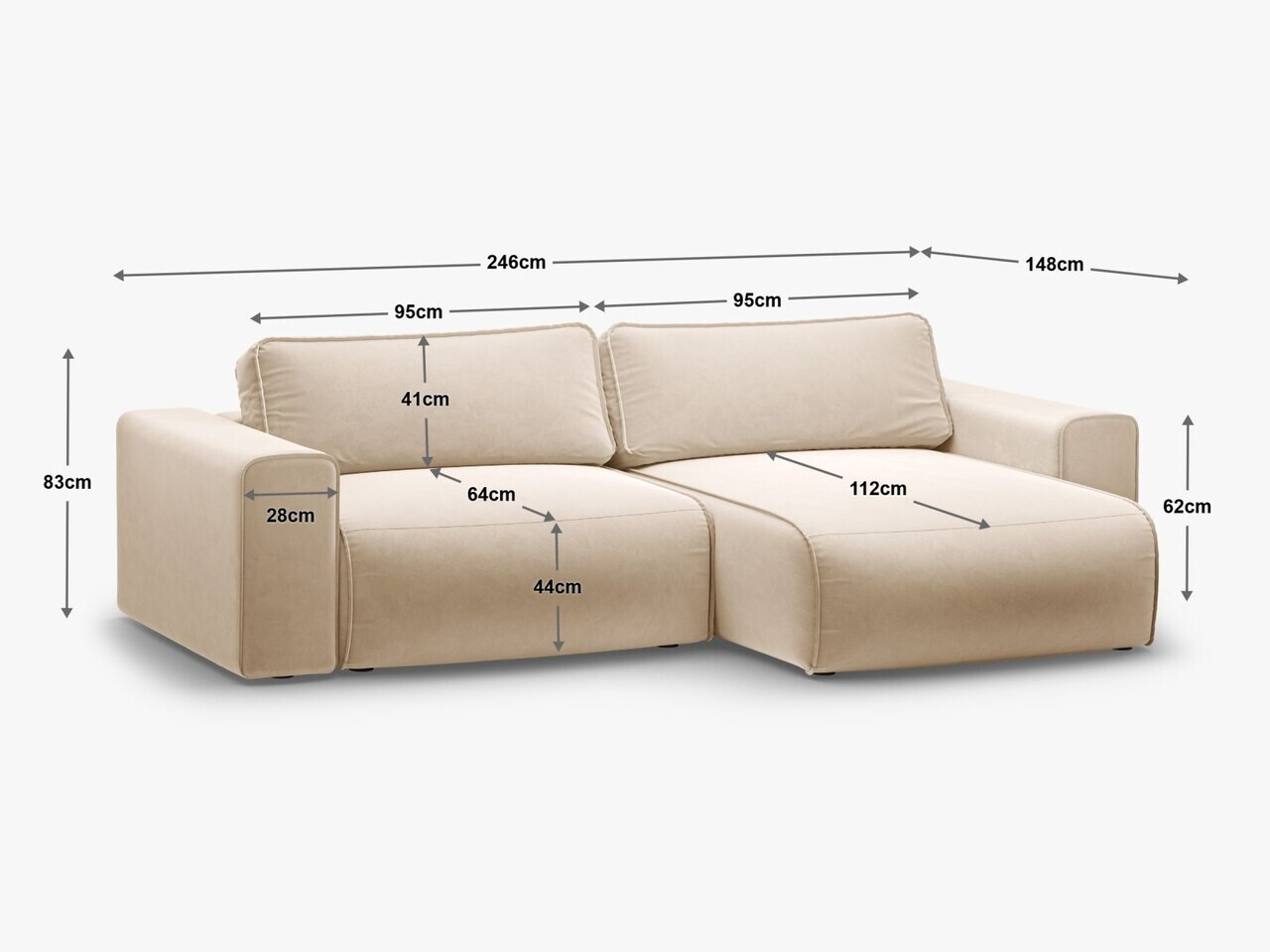 Coltar extensibil dreapta 3 locuri, Victor, Micadoni Home, 246x148x83 cm, tesatura structurata, bej deschis — imaginea 4