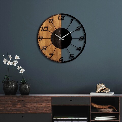 Ceas de perete, Linear, Lemn/metal, Dimensiune: 56 x 3 x 56 cm, Nuc / Negru mezoni.ro