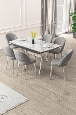 Set masa extensibila si scaune (7 piese), Hanah Home, Weps, Gri/Crom