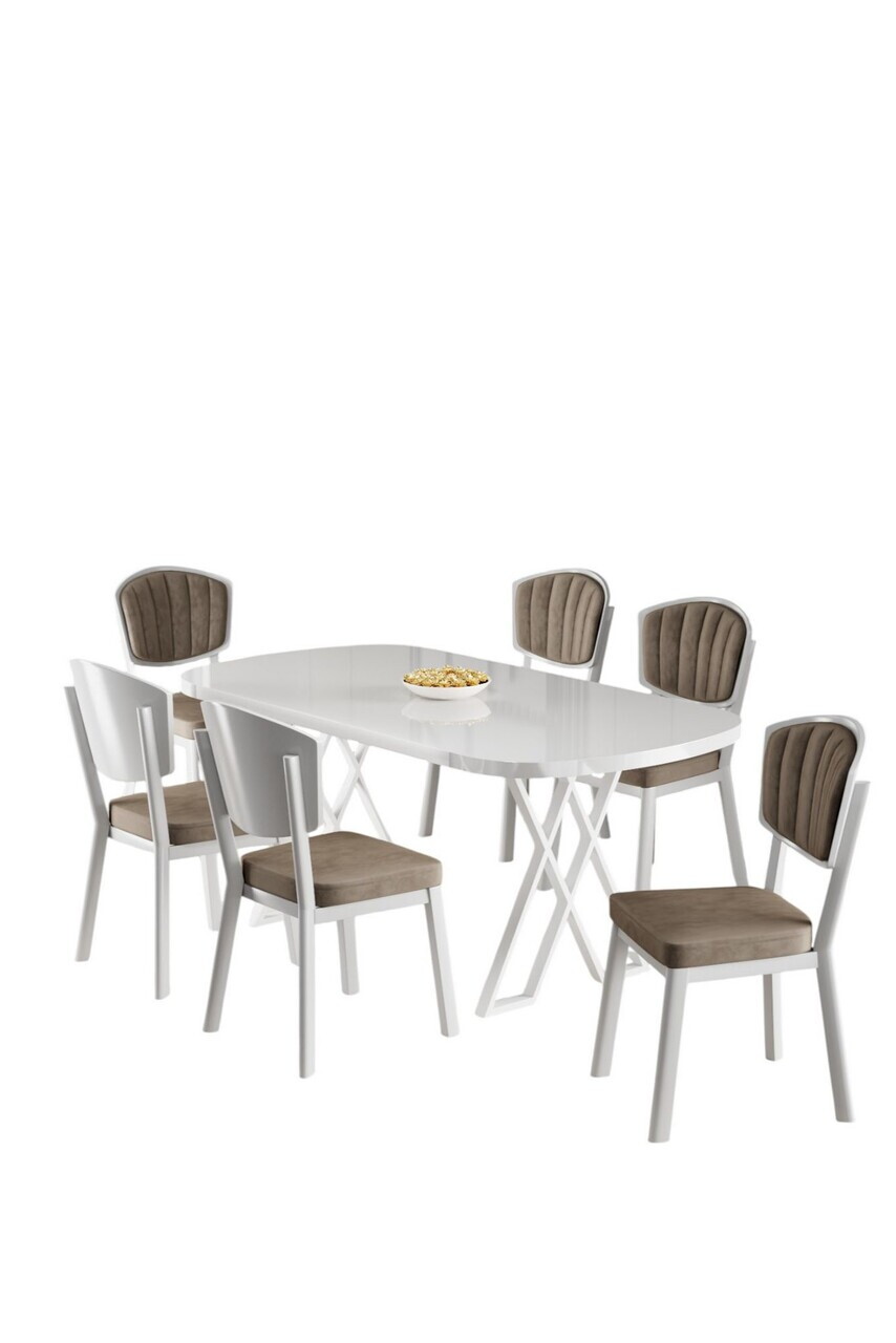 Set masa si scaune (7 piese), Hanah Home, Flori, Alb / Cappuccino — imaginea 2