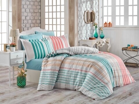 Lenjerie de pat dubla, 4 piese, 100% bumbac poplin, hobby, stripe green, multicolora