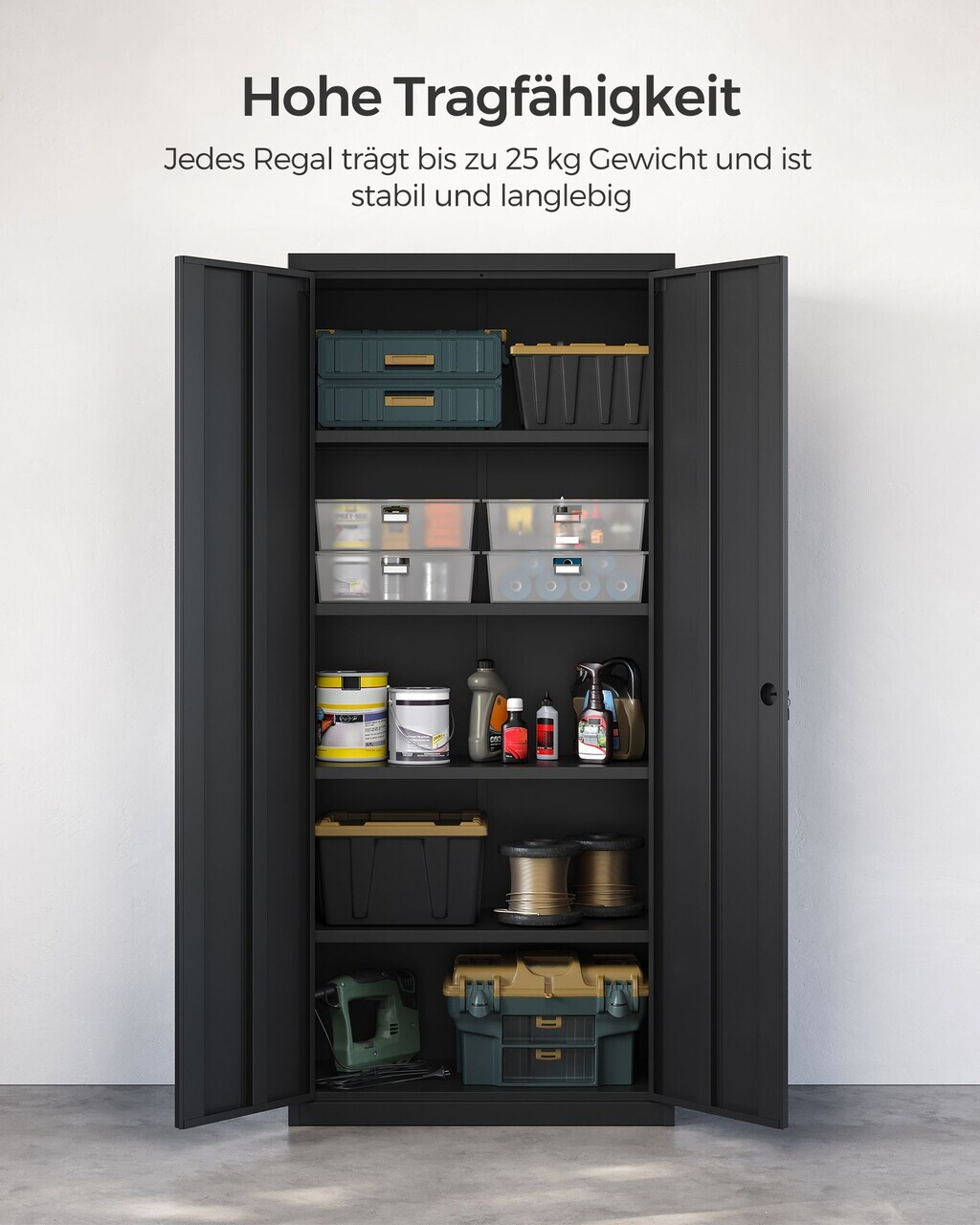 Dulap metalic birou, Songmics, 4 rafturi, cu incuietoare, 80x40x180 cm, otel, negru - imagine 4