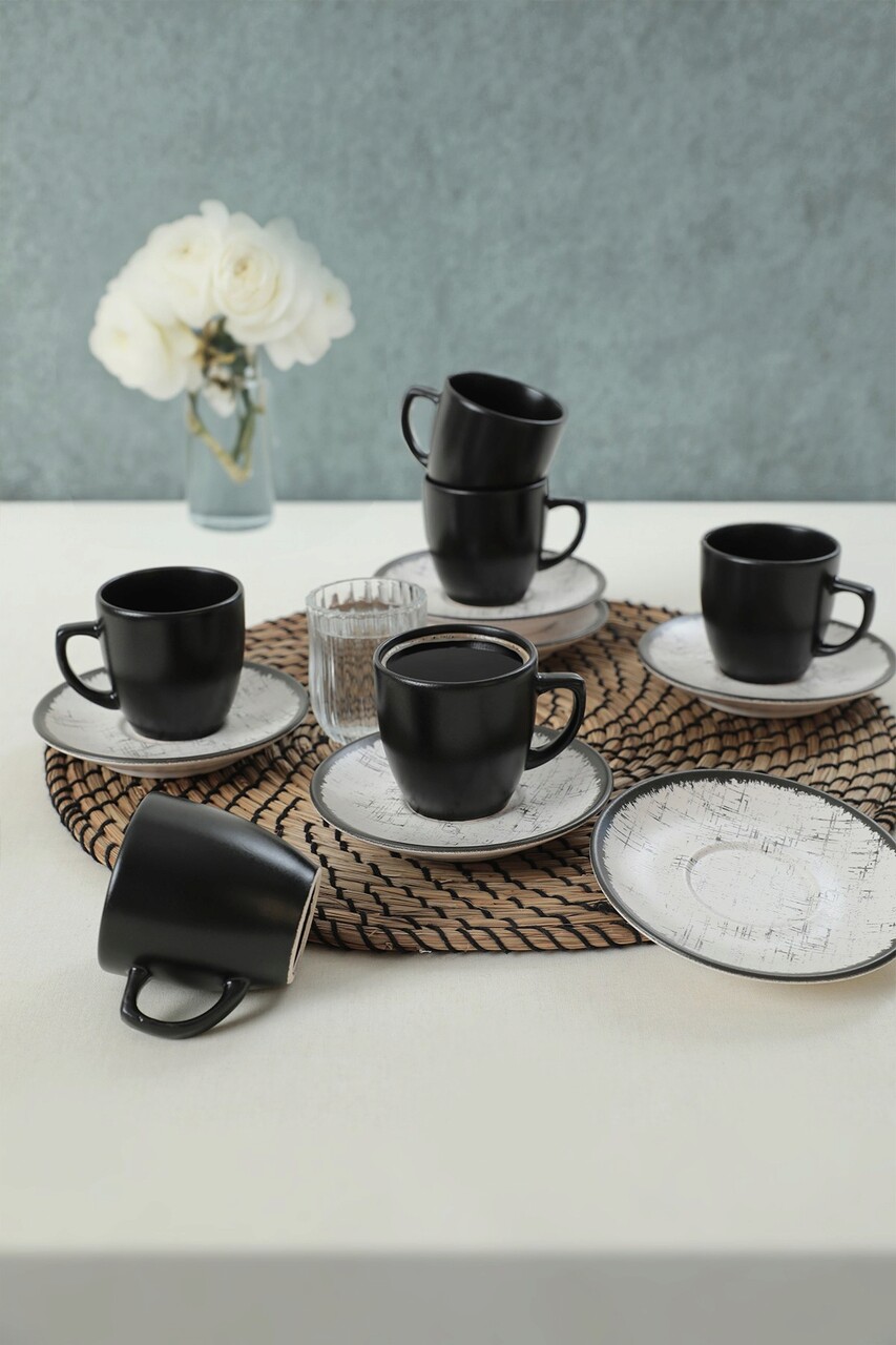 Set cesti de cafea Hermia 275KRM1916 Farfurie: 12 cm (6 bucăți) Alb/Negru
