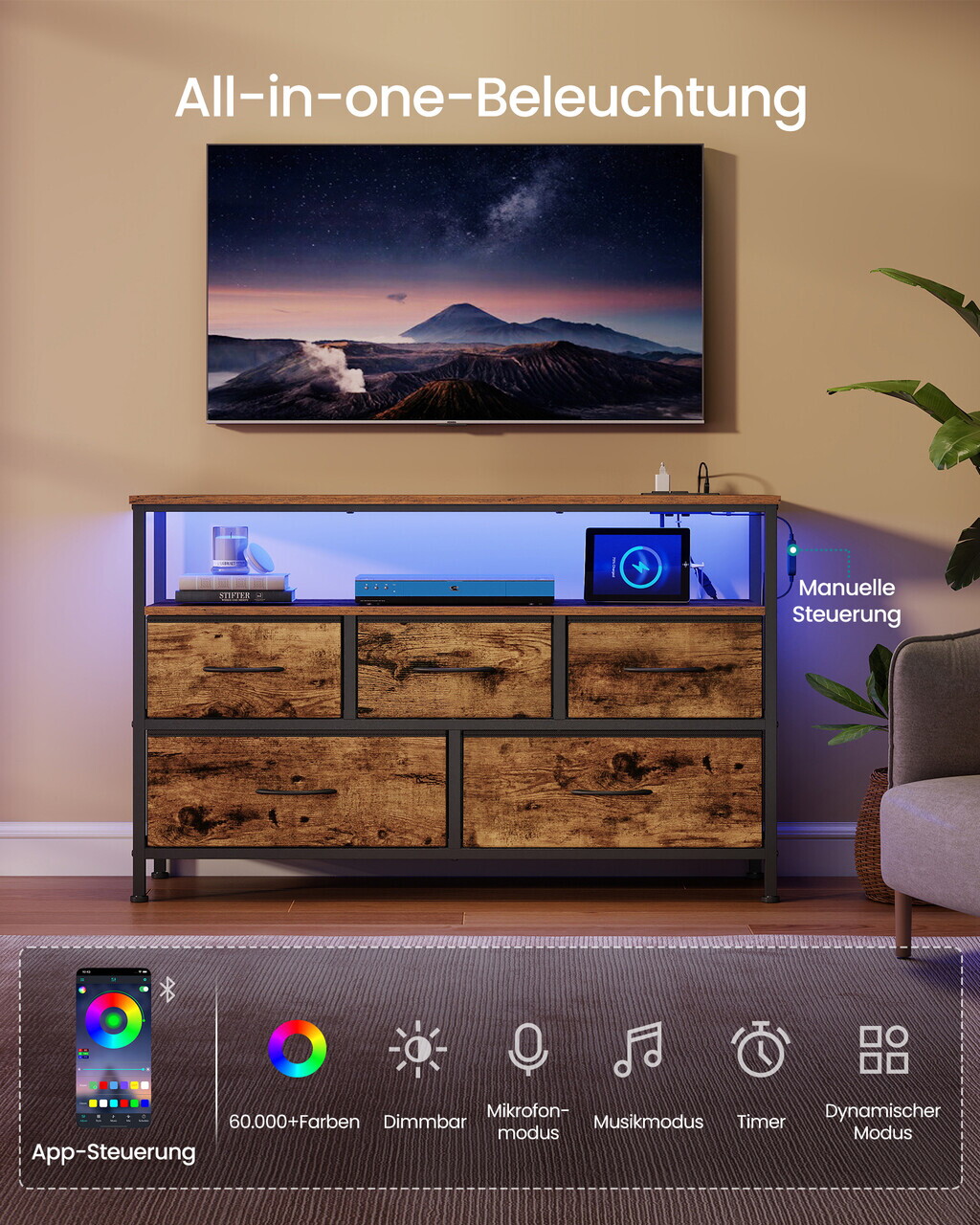 Comoda cu 5 sertare si iluminare LED, Songmics, priza integrata, 98.7x30x68.1 cm, maro rustic/negru - imagine 5