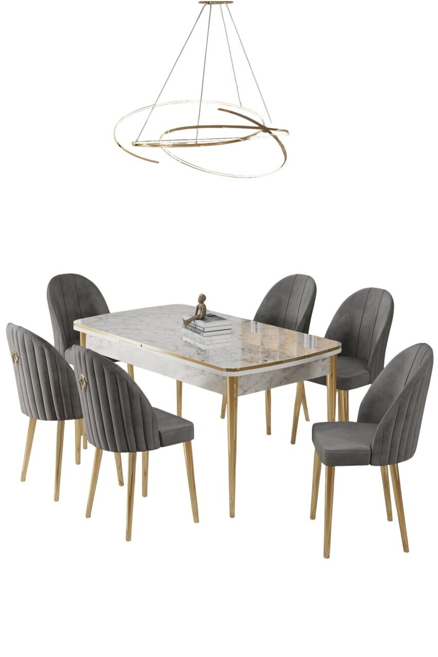 Set masa extensibila si scaune (7 piese), Hanah Home, Rada, Model de marmură albă / Auriu / Gri — imaginea 2