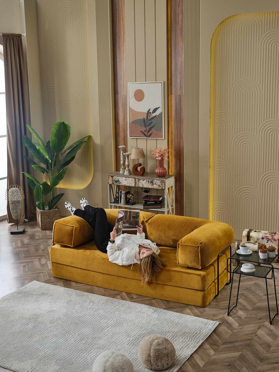 Canapea extensibila 3 locuri, Atelier del Sofa, 753SLC1123, Galben mustar — imaginea 2