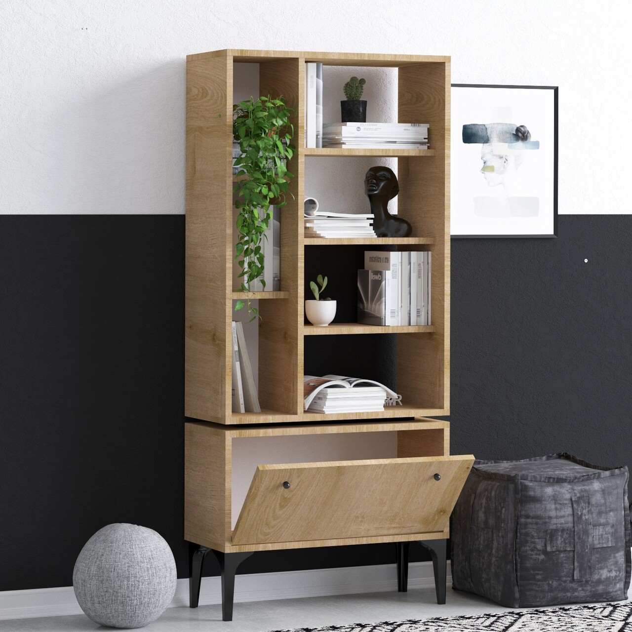 Corp biblioteca, Emerald, Fix, 65x160x30 cm, PAL, Stejar / Negru - 1 | YEO