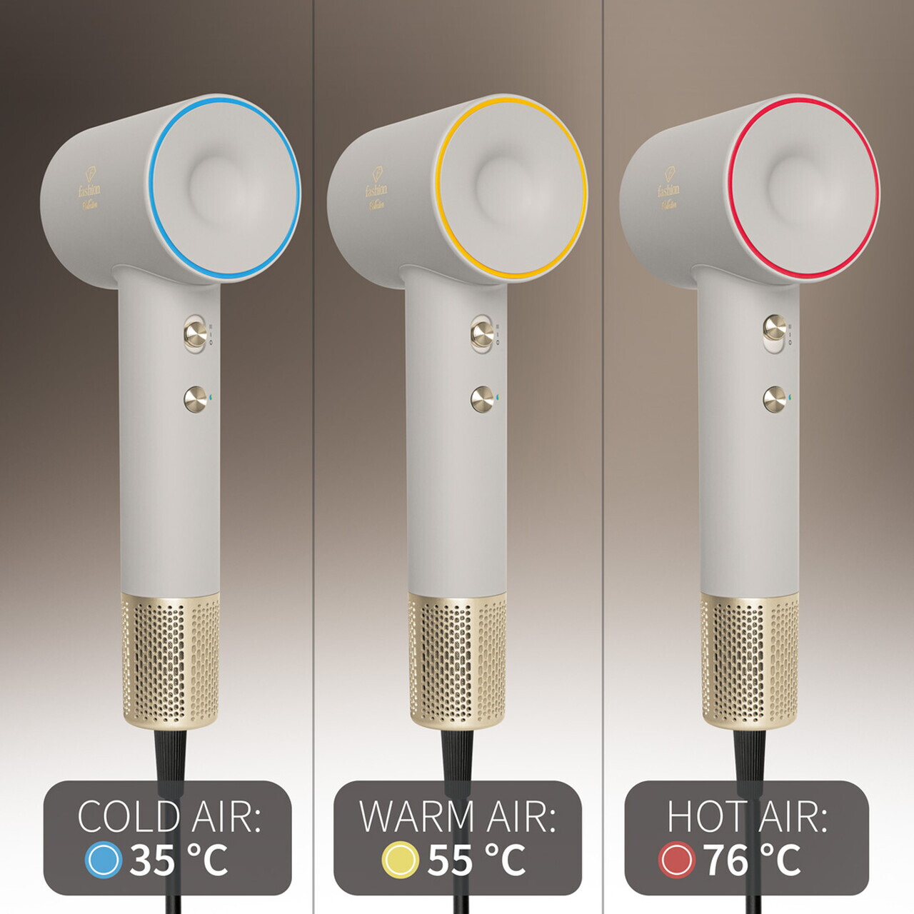 Uscator de par Fashion TV, Matte Cream-Gold, 1350-1600W, 3 viteze, 3 trepte de temperatura, crem - imagine 12