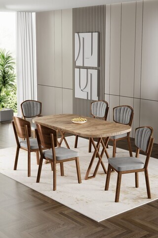 Set masa si scaune (7 piese), Hanah Home, Flori, Pin / Aspect de lemn / Gri