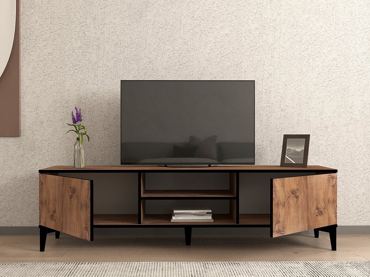 Comoda TV, Puqa Design, Begi, 180x12x45 cm, PAL, Pin Atlantic / Negru - 1 | YEO