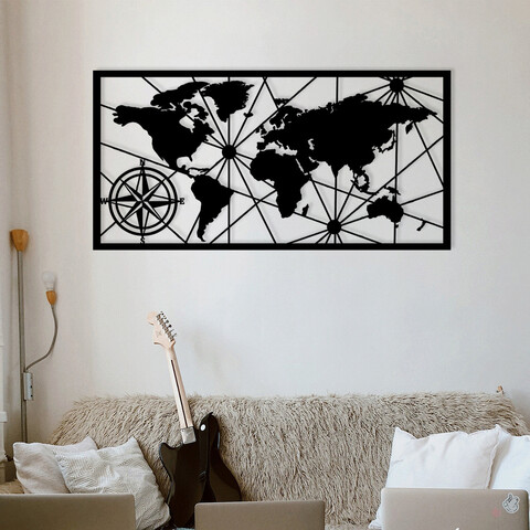 Decoratiune de perete, World Map 11, Metal, Dimensiune: 120 x 60 cm, Negru Enzo