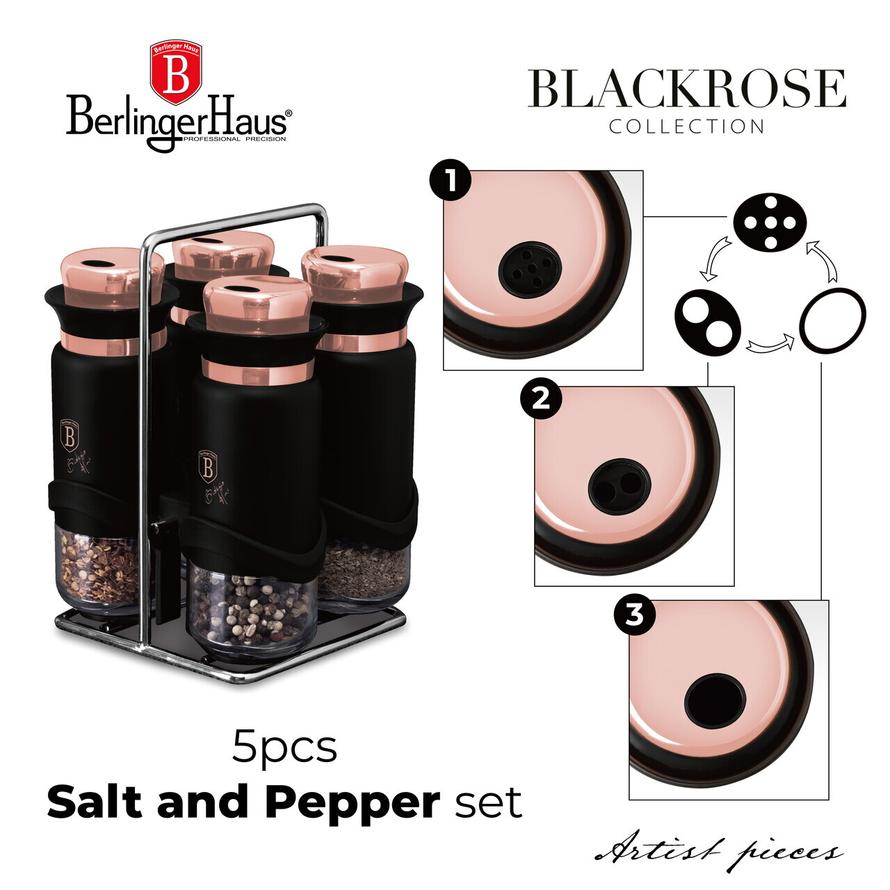Set 4 recipiente pentru condimente si suport Berlinger Haus, Black Rose, inox/sticla, negru/roz - imagine 3