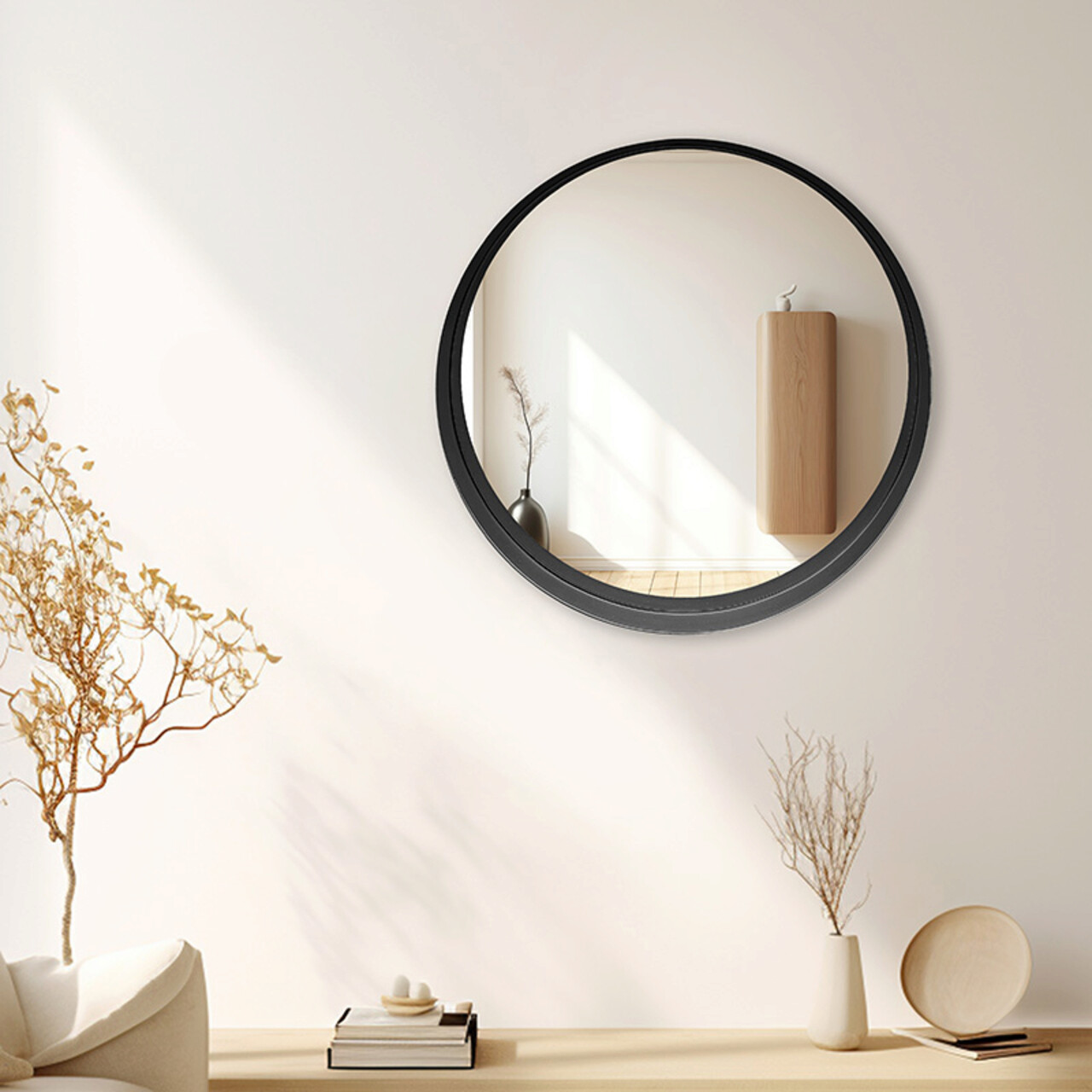 Oglinda decorativa Round, Pakoworld, 50x50 cm, metal, negru