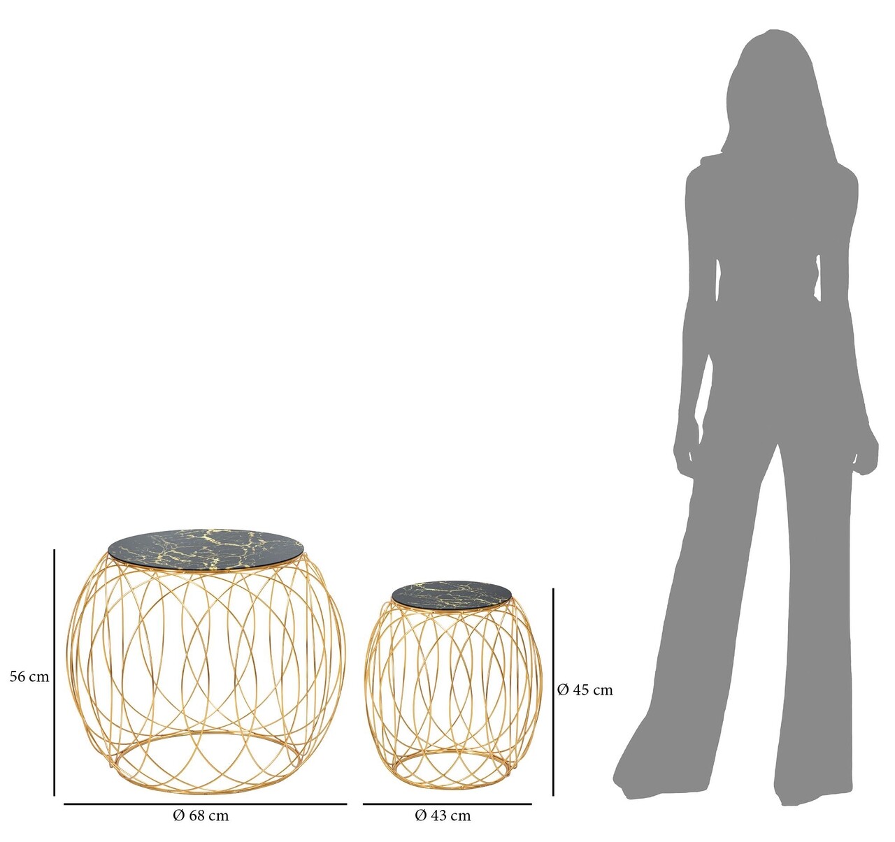 Set 2 masute de cafea Glam, Mauro Ferretti, Ø 68x56-43x45 cm, fier, negru/auriu
