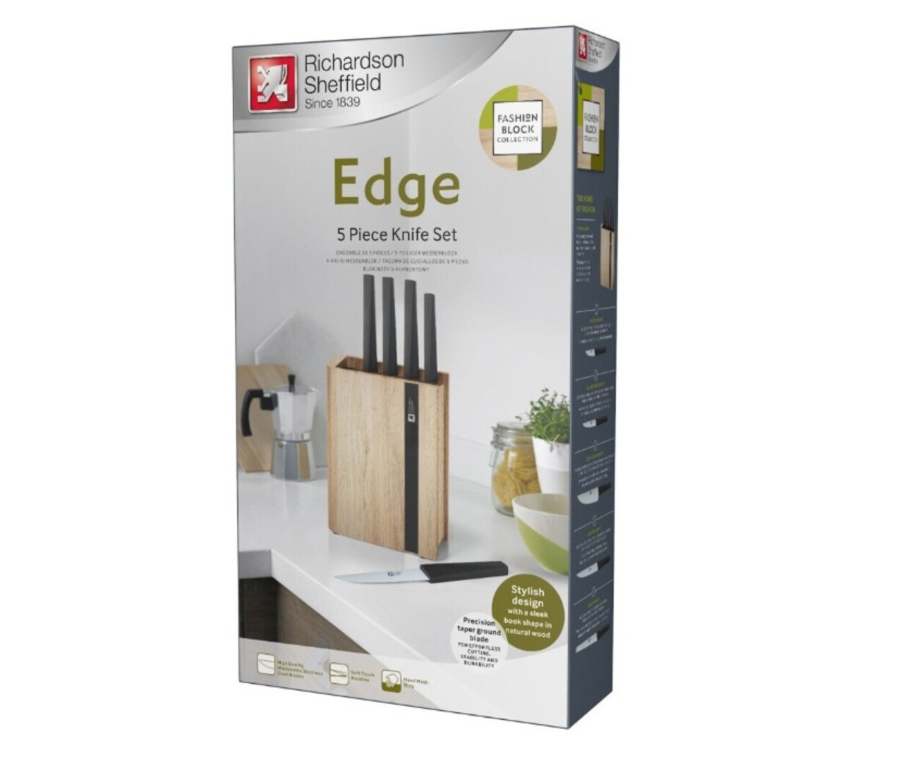 Set 5 cutite cu suport Richardson Sheffield, Edge Black, inox/lemn, negru/natur