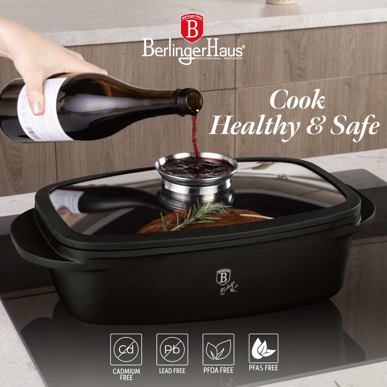 Tava cu capac Berlinger Haus, Matte Black, 32x21x10.6 cm, 6 L, aluminiu turnat, negru mat - imagine 17