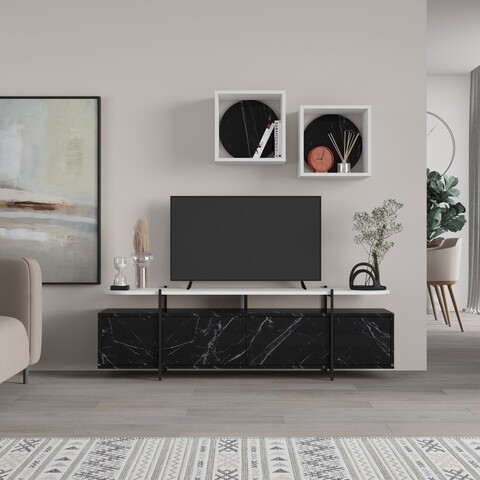 Comoda TV cu 2 rafturi, Decortie, Hanley, pal melaminat, negru/alb