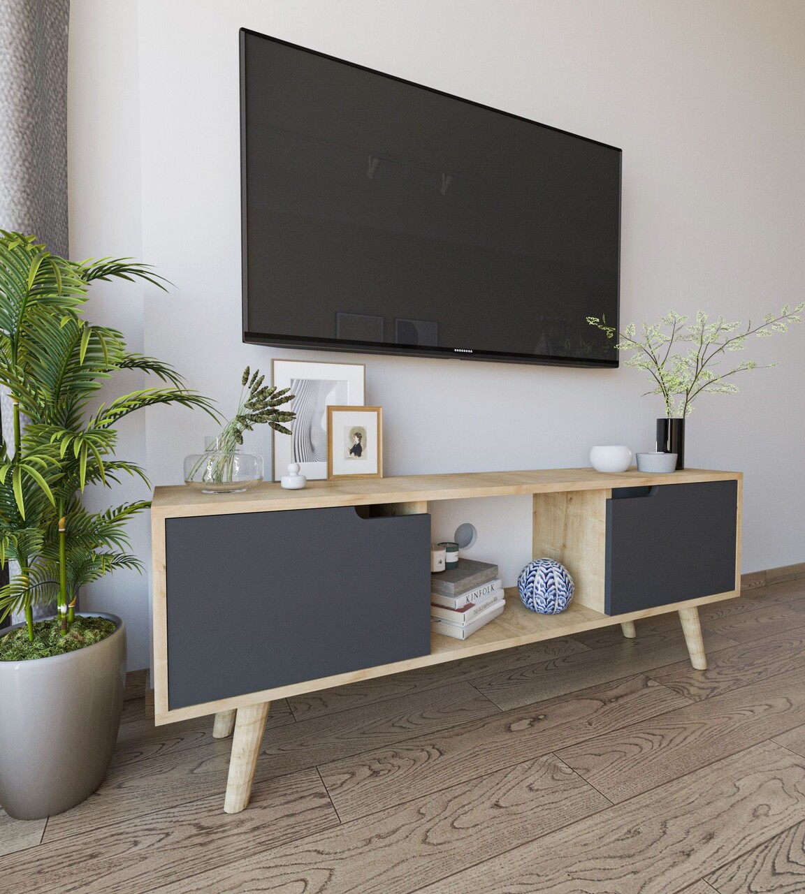 Comoda TV, Hanah Home, Siena, 139.7x53x53 cm, PAL, Stejar safir / Antracit - imagine 2