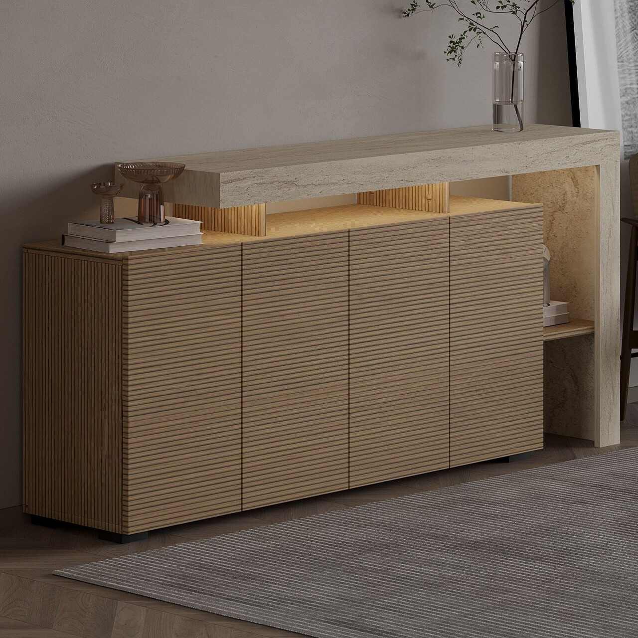 Consola, Hanah Home, Beliz, 170x80x35 cm, Travertin / Stejar cald - view 3