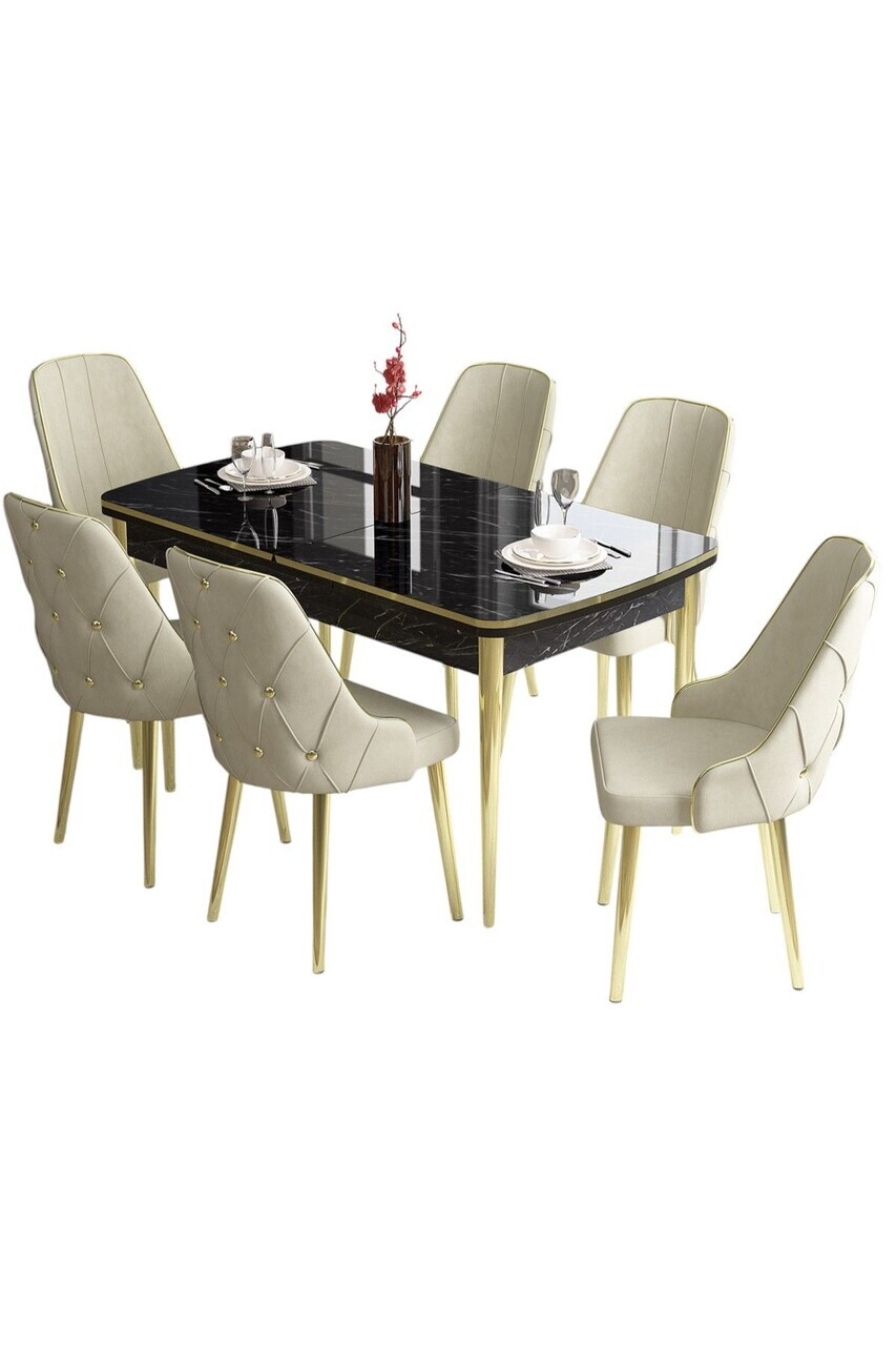 Set masa si scaune (7 piese), Hanah Home, Tia, Model de marmură neagră / Auriu / Crem — imaginea 2