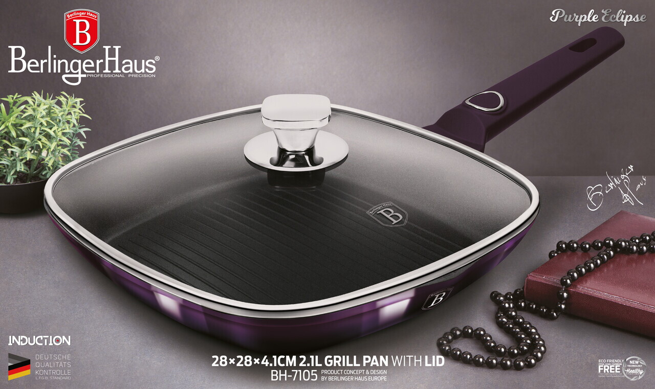 Tigaie grill cu capac Berlinger Haus, Purple Eclipse, 28 cm, 2.1 L, aluminiu forjat, mov - imagine 2