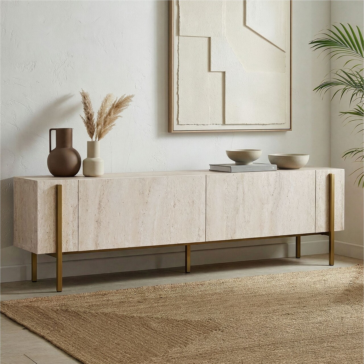 Comoda TV, Hanah Home, Nexus, 180x30x45 cm, Travertin / Auriu - imagine 3