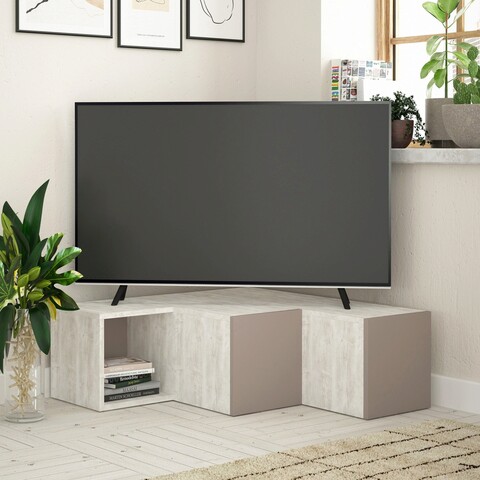 Comoda tv, decortie, compact, 90x32x92 cm, alb deschis / mocha deschis