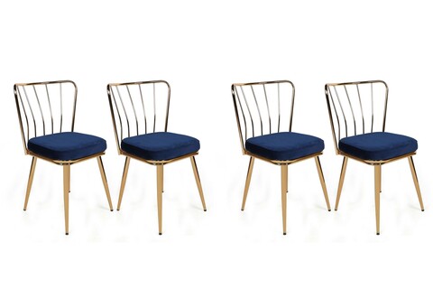 Set scaune 4 piese, Nmobb, Yıldız-924 V4, Metal, Albastru închis / Auriu / 