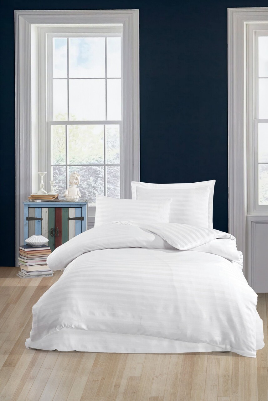Lenjerie de pat pentru o persoana, Water Yollu Saten - White, EnLora Home, 70% bumbac/30% poliester