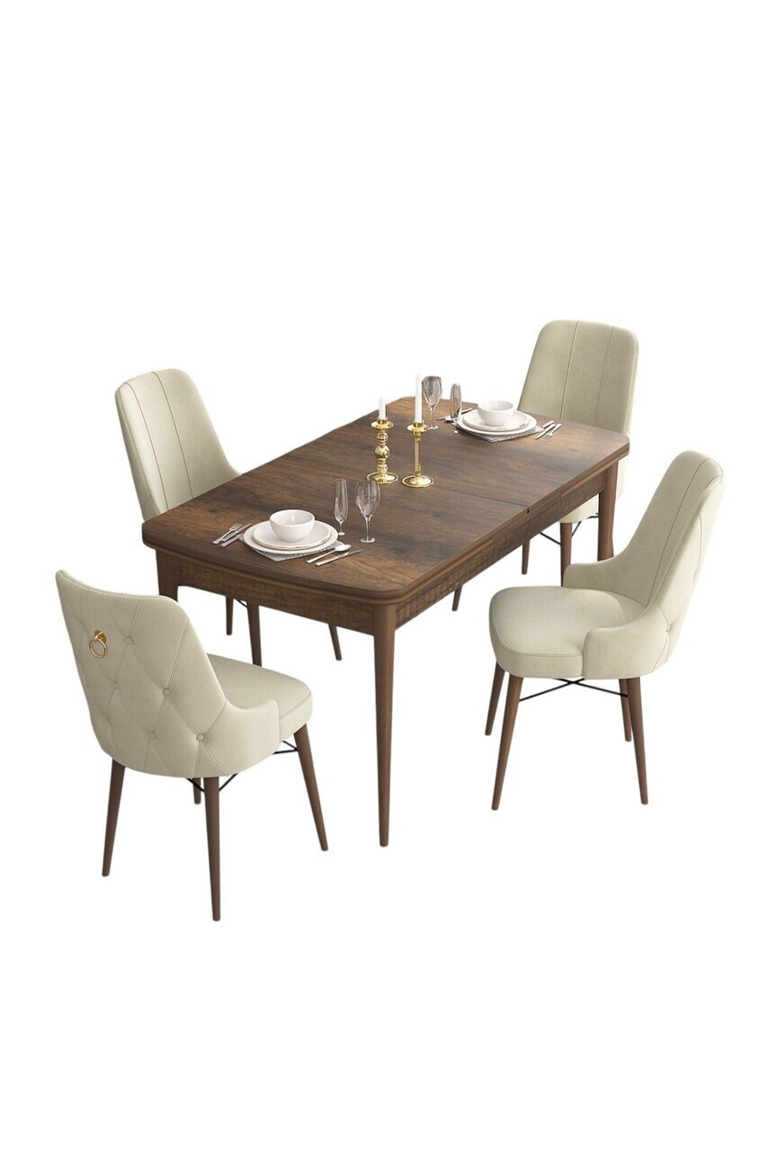 Set masa extensibila si scaune (5 piese), Hanah Home, Are, Model baroc din lemn / Crem — imaginea 2