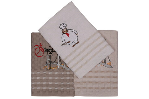 Set prosoape de bucătărie (3 bucăți), hobby, melisa, bumbac, nisip / crem / alb