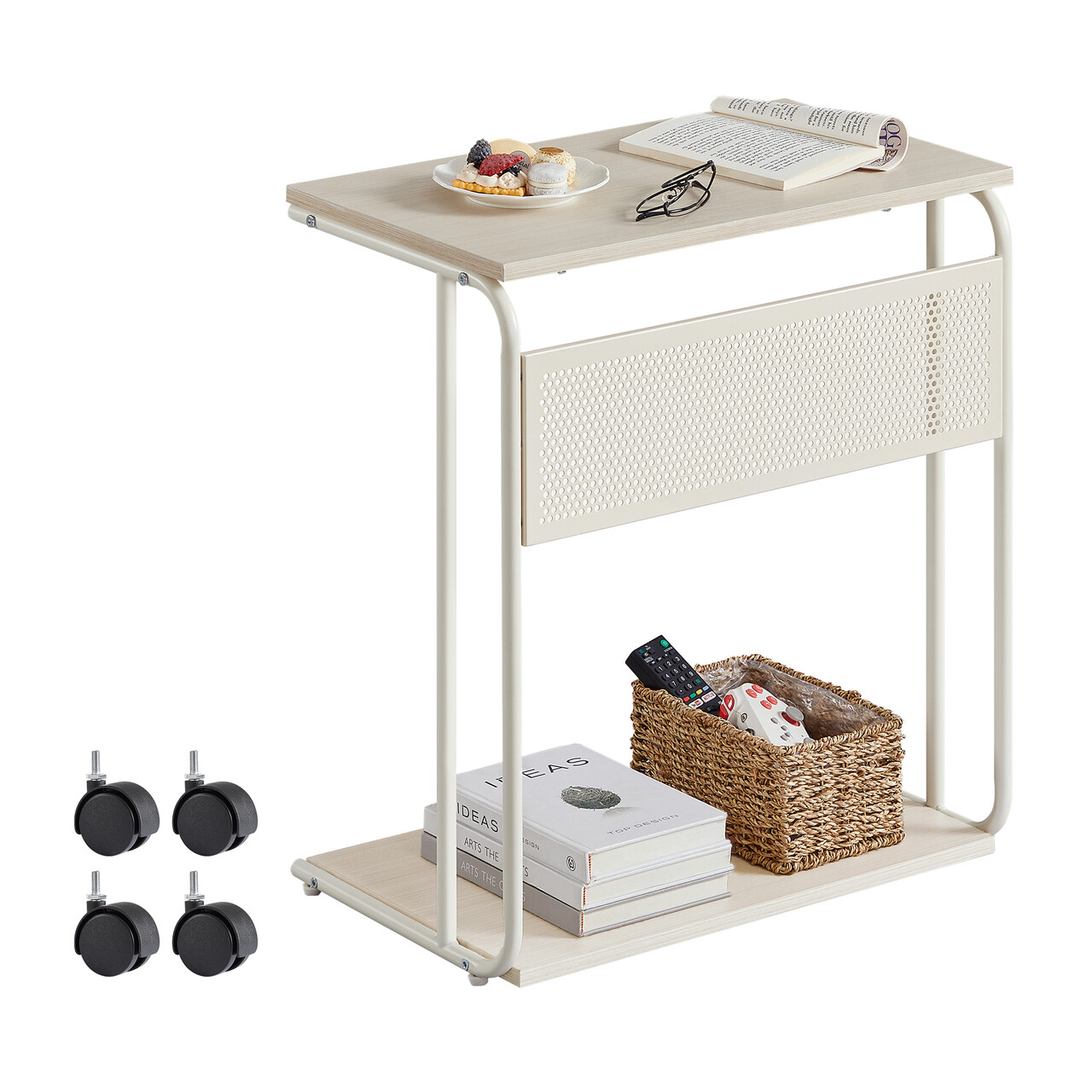 Masuta de cafea in forma de C, cu roti, Vasagle, 55x24x66 cm, max 50 kg, PAL/otel, crem/alb