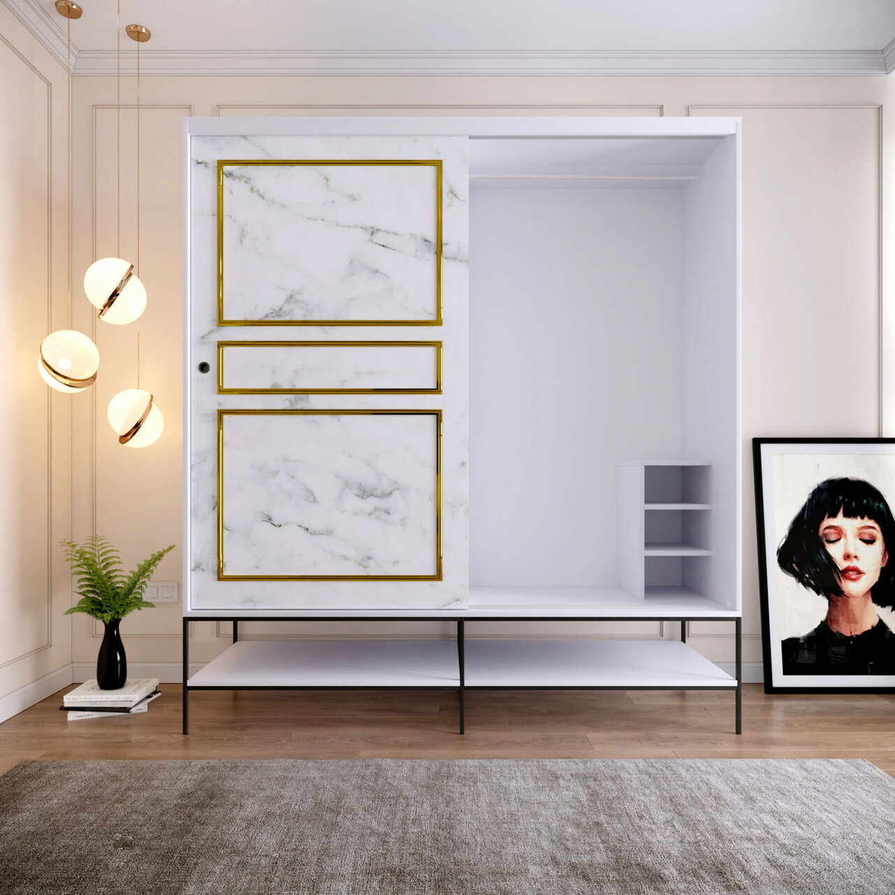 Dulap pentru haine, Comforty, Martin Sürgülü 190, 190x200x57 cm, Alb / Negru / Auriu - 2 | YEO