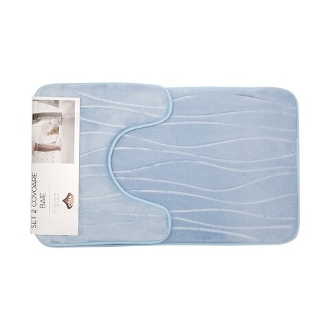 Set 2 covorase de baie, Casa Plastor, Waves, 45 x 73 cm, 37 x 45 cm, poliester/poliuretan/PVC, bleu