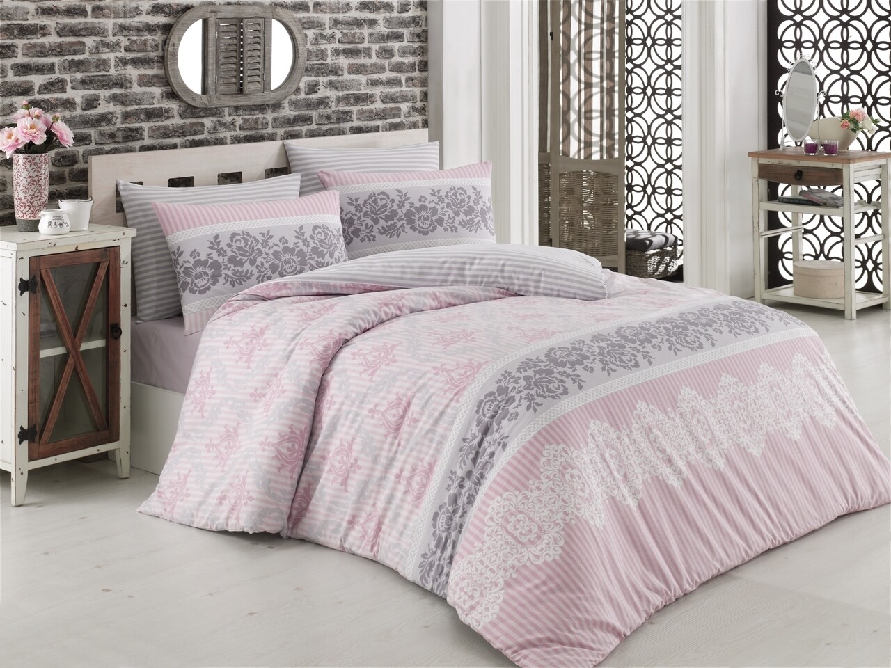 Lenjerie De Pat Pentru O Persoana Irene V1, Majoli Home Collection, 3 Piese, 160x240 Cm, Bumbac Ranforce, Roz