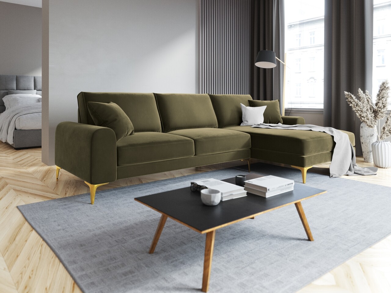 Coltar dreapta, Madara, Mazzini Sofas, 5 locuri, gold legs, 254x182x90 cm, catifea, verde