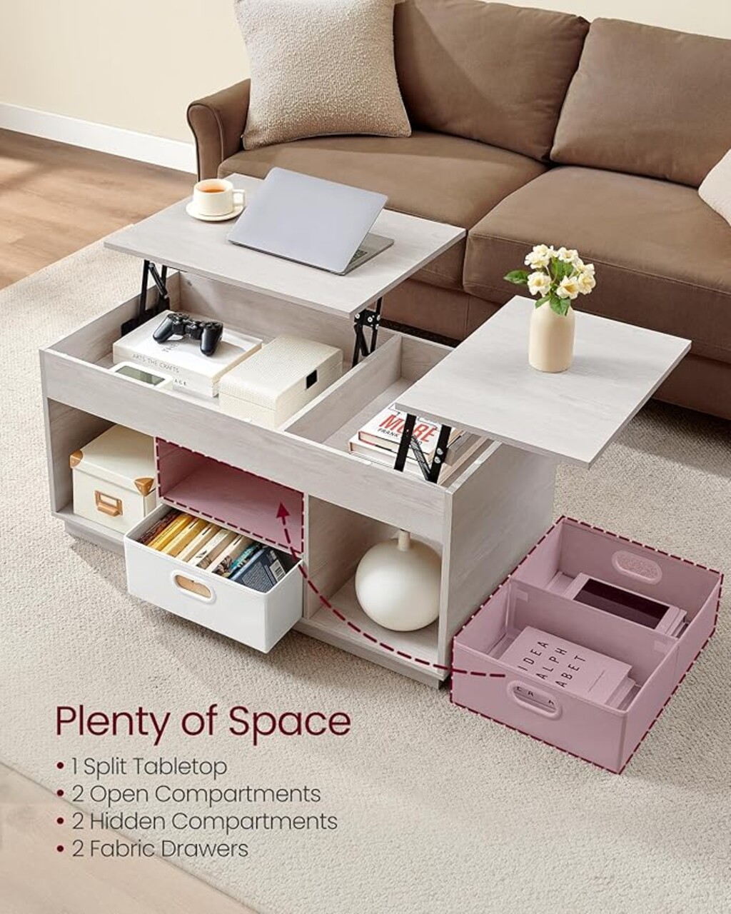 Masuta de cafea cu blaturi rabatabile, Vasagle Lift-Top, 100x50x48-62.3 cm, PAL/otel, bej - imagine 4